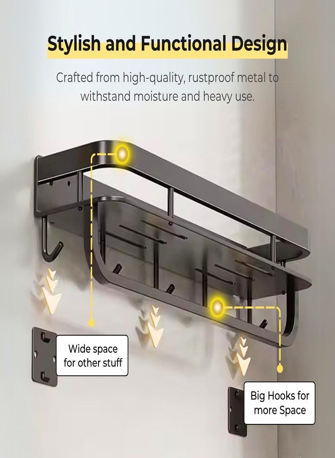 هوم إسنشالز رف مناشف معدني جداري من هوم إسينشالز | منظم حمام متعدد الاستخدامات مع 5 خطافات وحامل شامبو | رف متين وموفر للمساحة للمناشف وأدوات النظافة الشخصية والإكسسوارات - Image 2